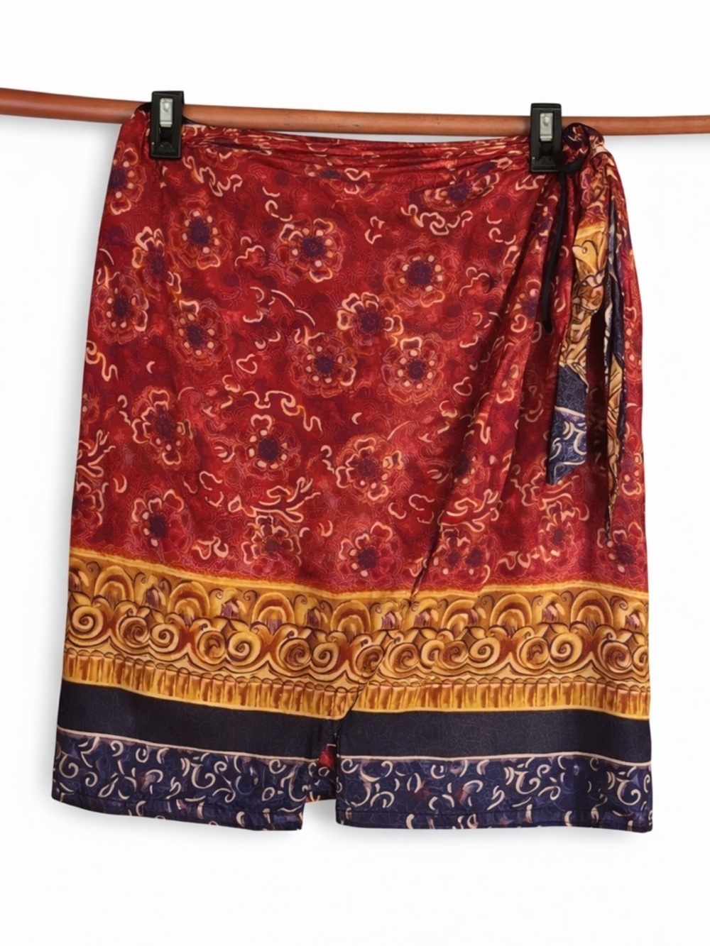 Studio Wrap Skirt Women’s Medium Maroon Gold Navy Adjustable Boho Chic